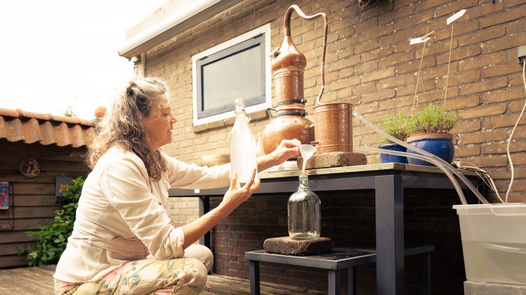 Op traditionele wijze lavendel destilleren in de koperen ketel
